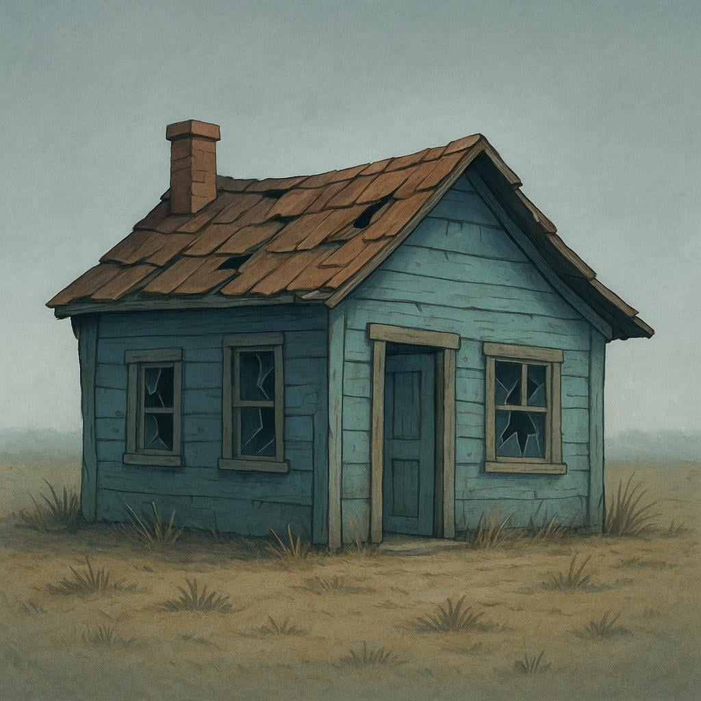 A dilapidated, gray shack with broken windows and overgrown weeds surrounding it, looking dismal and abandoned.