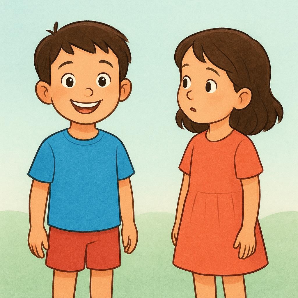 A high quality storybook illustration showing a young girl observing a young boy who is smiling brightly, indicating she is commenting on his appearance or state.