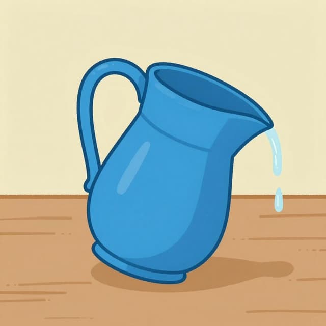 A colorful pitcher pouring water, tilted at a steep angle.