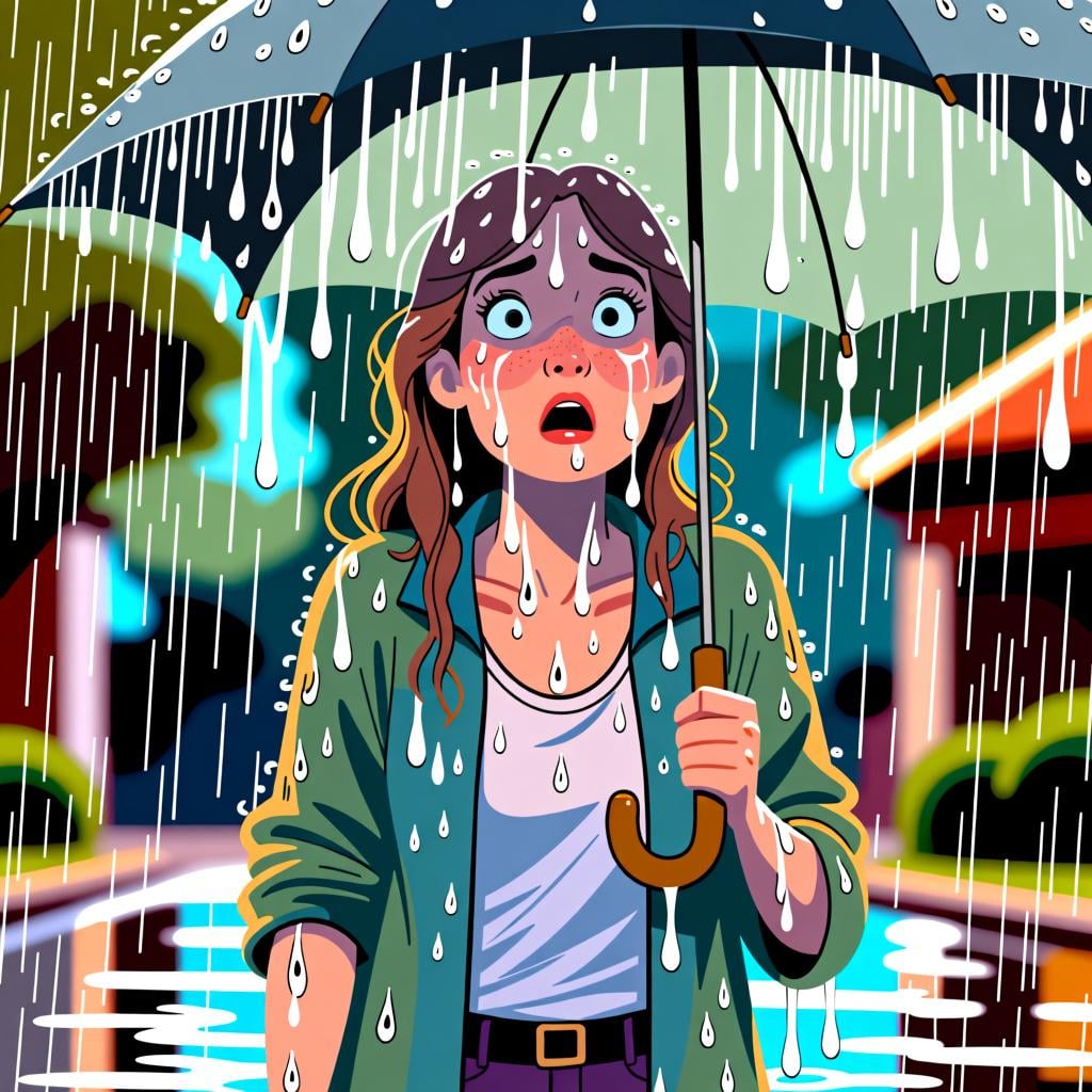 A woman stands in a downpour of rain without an umbrella, her clothes and hair completely soaked and dripping, looking comically surprised.