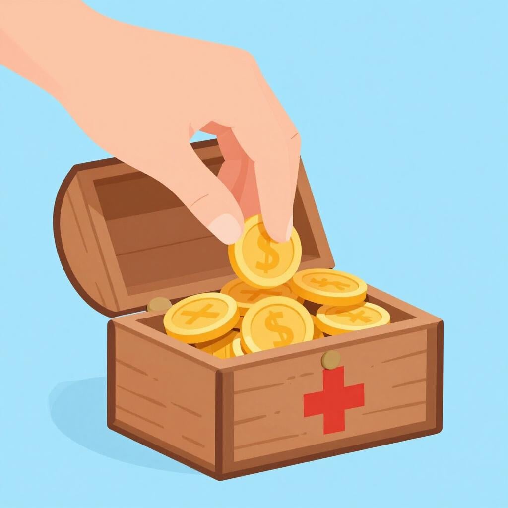 Ein kleiner Haufen Goldmünzen wird in eine hölzerne Schatztruhe gelegt, auf der ein rotes Kreuz angebracht ist.