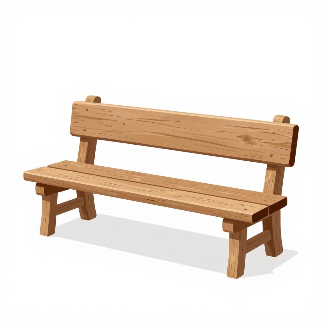 A high-quality illustration of a long, traditional wooden bench with a high backrest and sturdy armrests.
