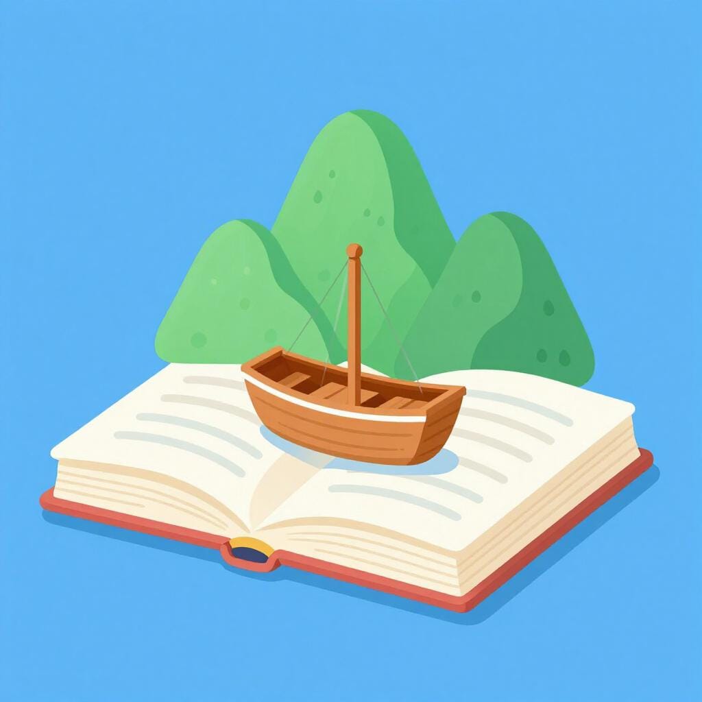 Um livro aberto e colorido com um pequeno navio de madeira e uma minúscula cadeia de montanhas emergindo de suas páginas.