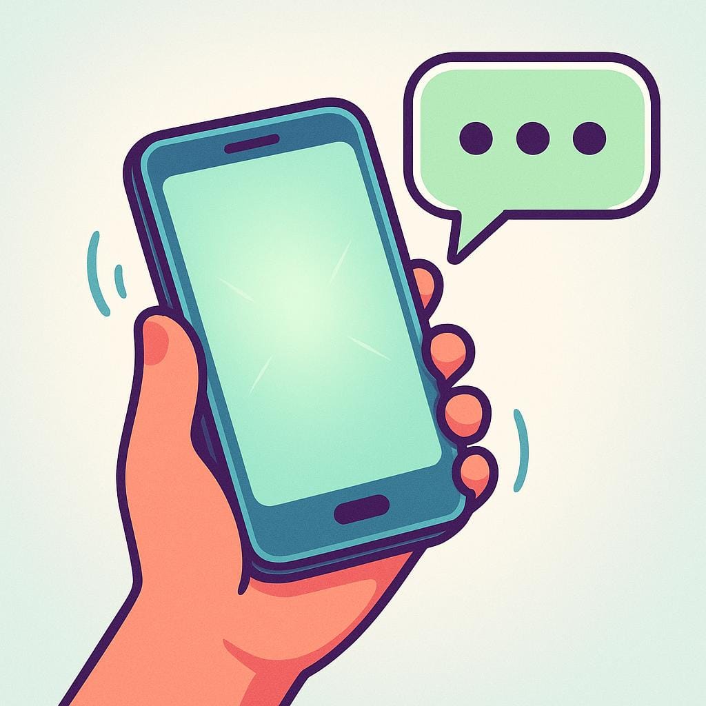 울리는 스마트폰을 들고 있는 손을 묘사한 다채로운 동화 삽화로, 말하는 사람에게 전화하는 것을 상징합니다.