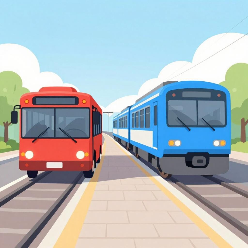 Een rode bus en een blauwe trein naast elkaar geparkeerd op een helder perron.