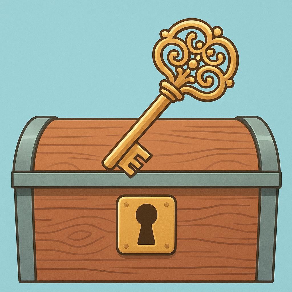 A stylized brass key with a complex head design floating near a simple keyhole in a wooden surface, symbolizing an identification key or code.