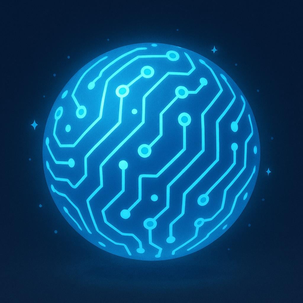 A glowing blue circuit board pattern shaped like a glowing sphere.