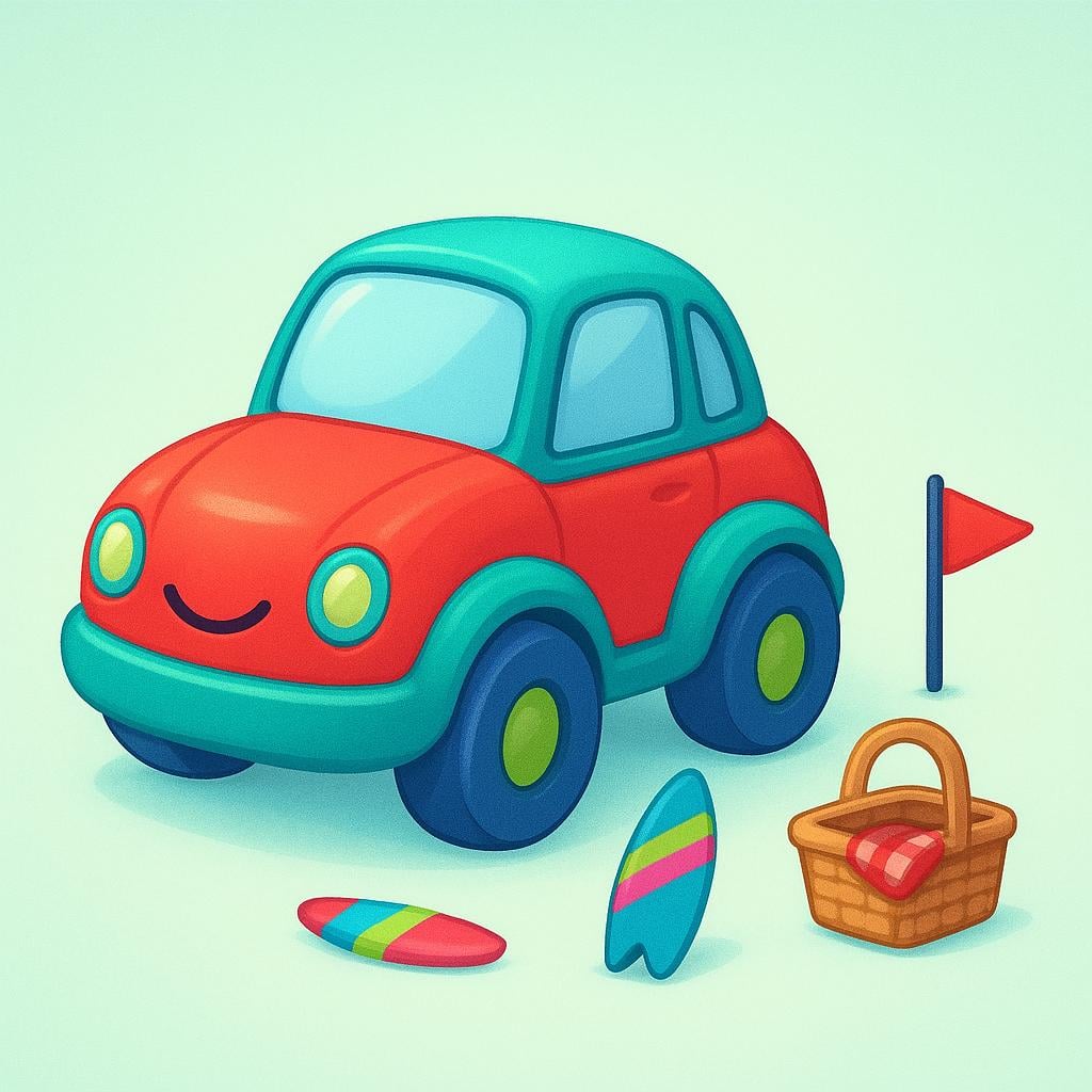 A storybook illustration showing a large, colorful toy car parked next to a small collection of optional accessories, including a tiny surf board and a miniature picnic basket.