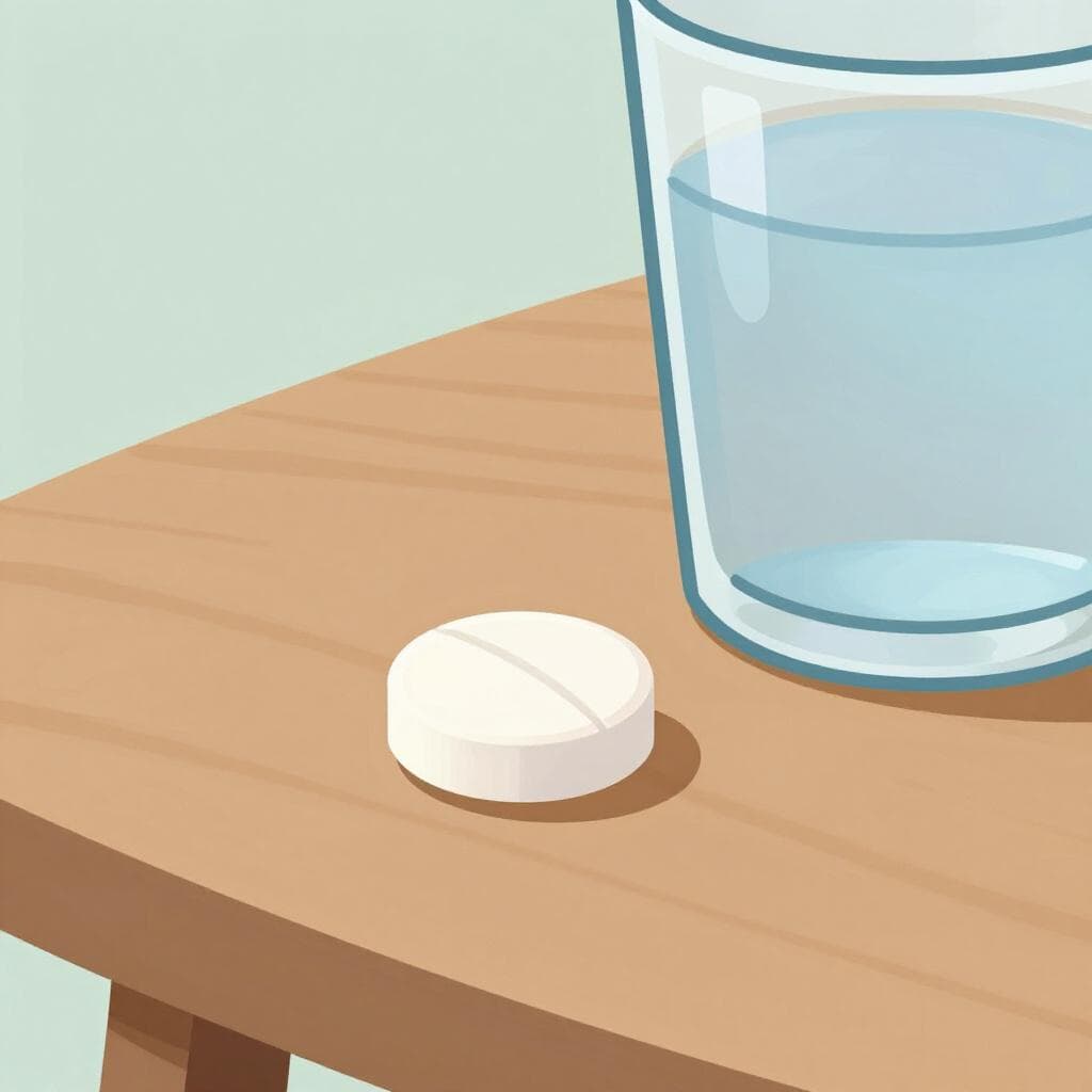 Un comprimé blanc et rond posé sur une surface en bois à côté d'un verre d'eau.