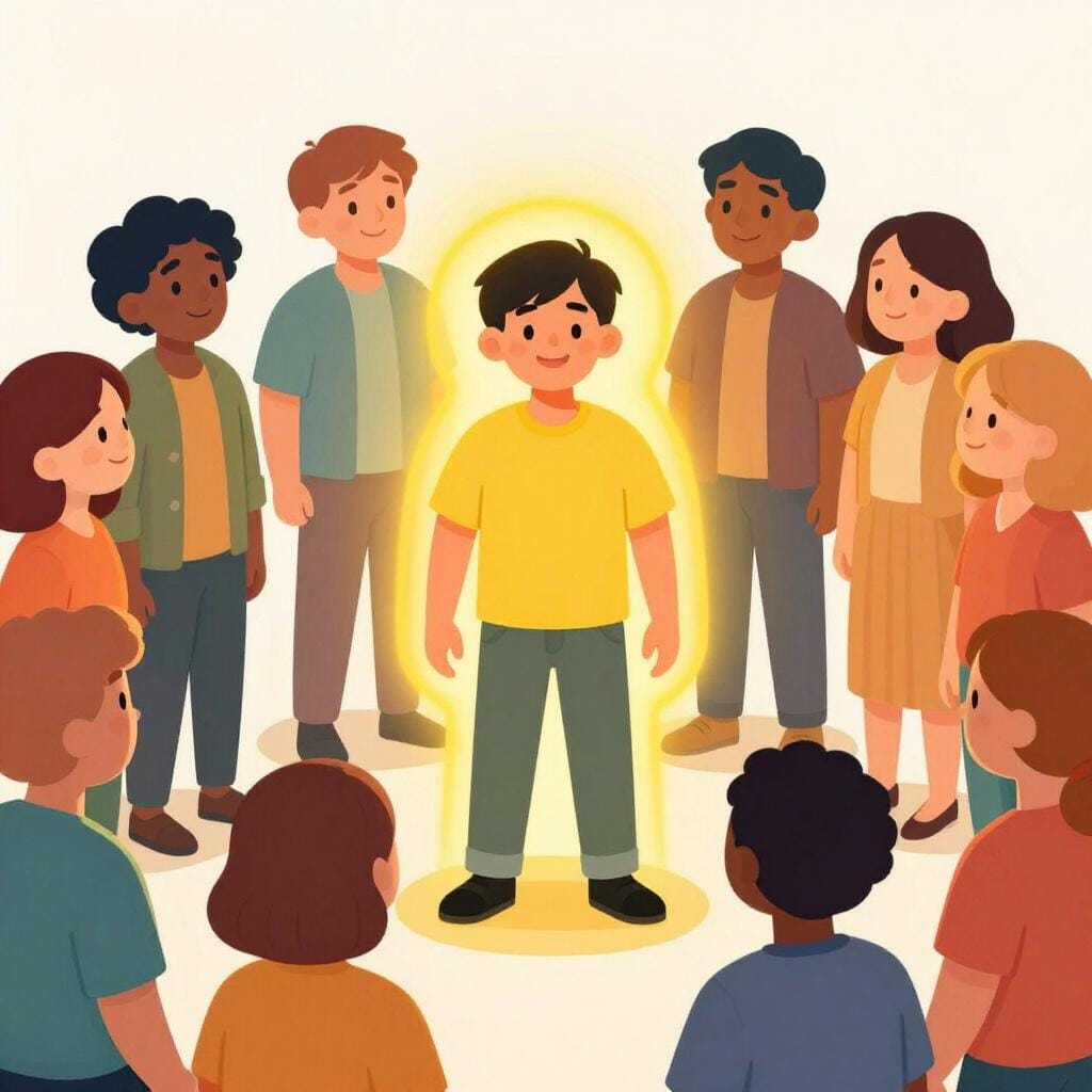 公園に立つ、明るい笑顔の親しみやすい人物。周りの人々が、その温かさに引き寄せられるかのように、身を乗り出して笑顔で応じている。