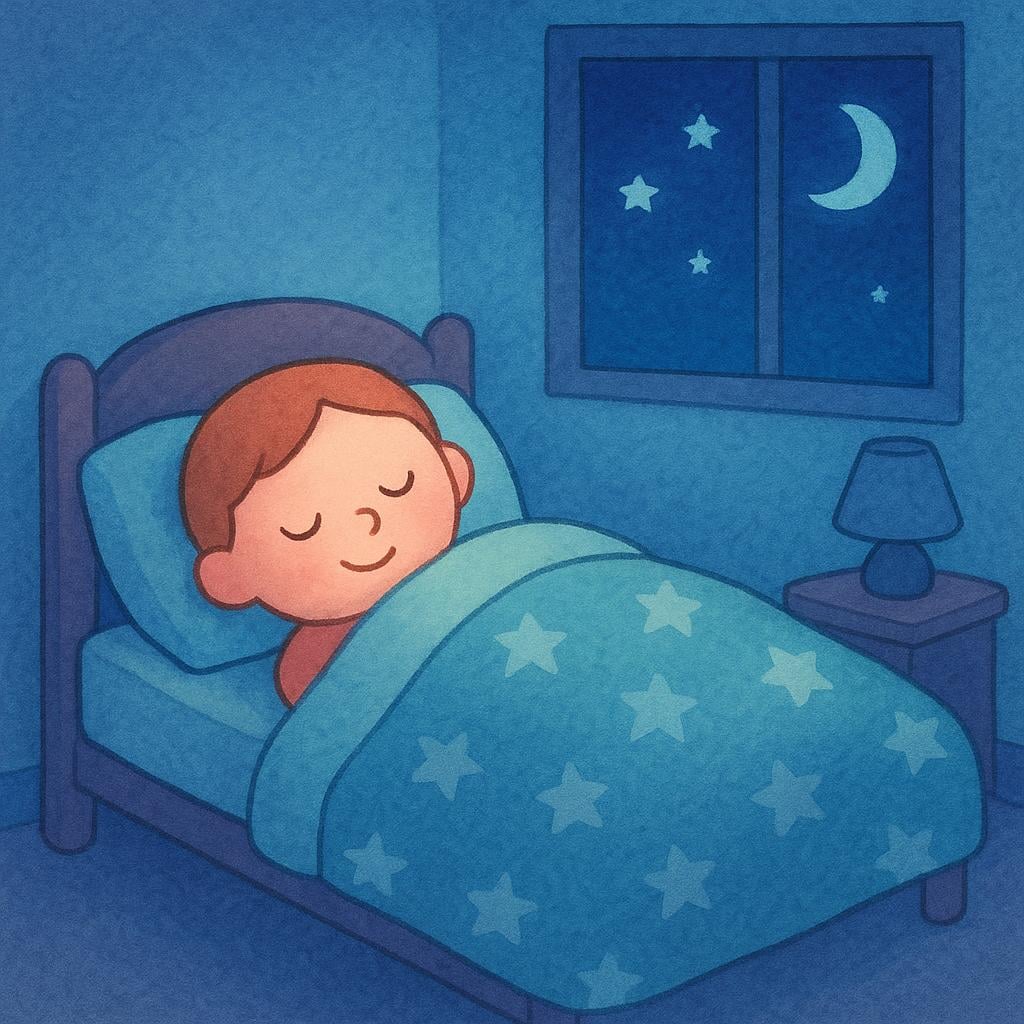 A calm, simple storybook illustration of a person sleeping soundly in a cozy bed under a warm blanket.