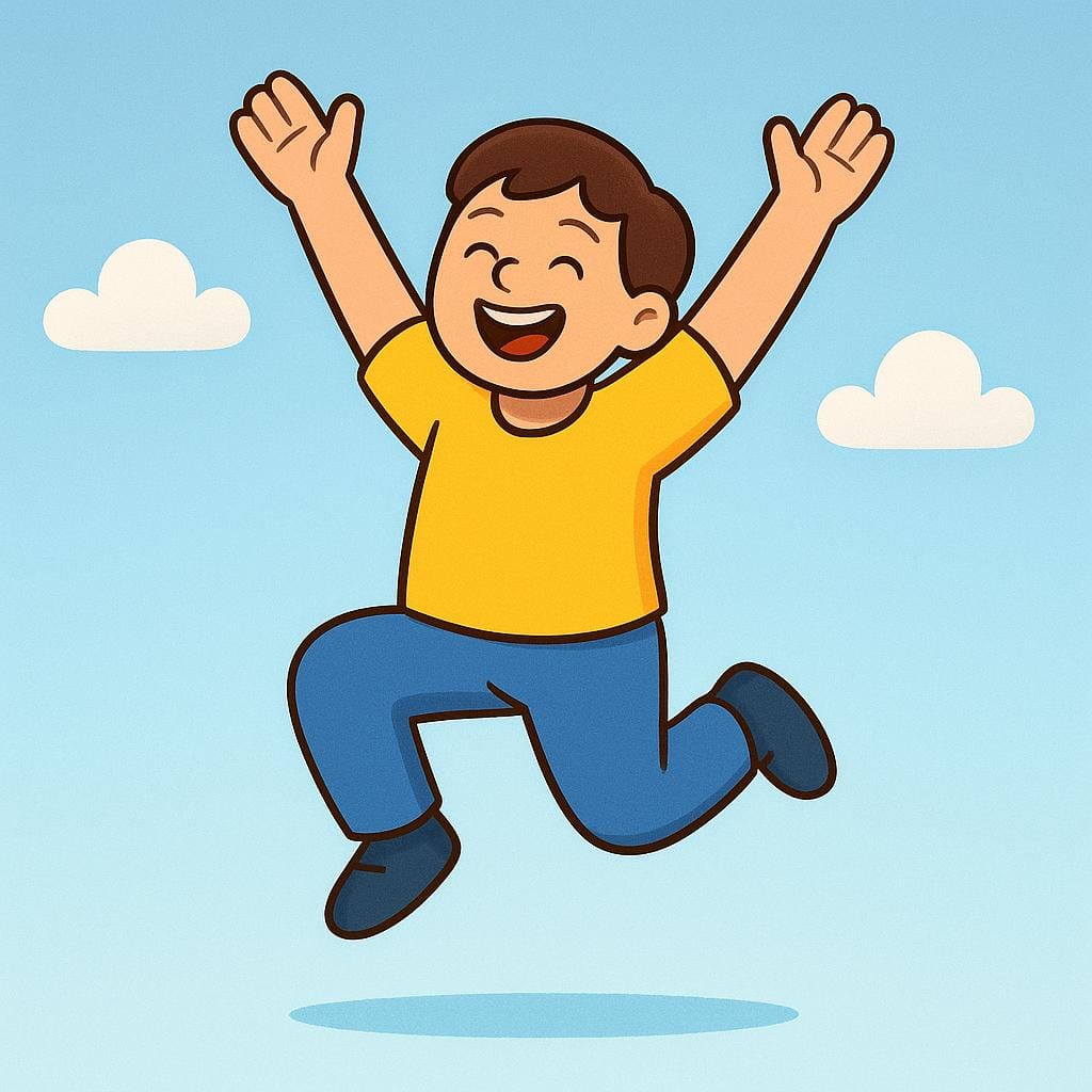 A simple cartoon person wearing a bright yellow shirt jumping high in the air with both arms raised in a gesture of pure joy and excitement.