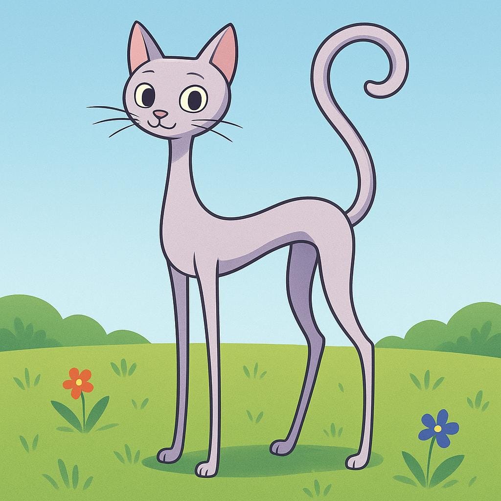 A very slender, long-legged cat standing elegantly on a green field.