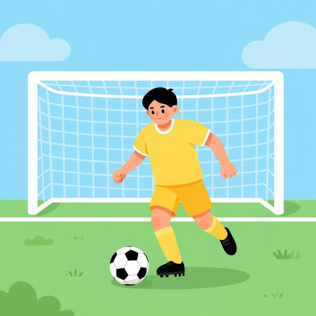 A soccer player in a bright jersey running toward a goal with a ball at their feet.