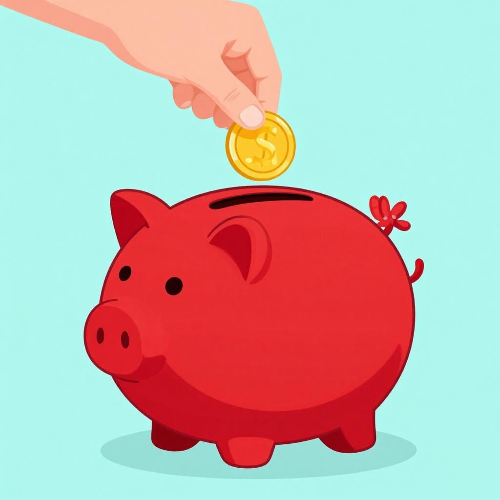 A hand placing a gold coin into a ceramic piggy bank.
