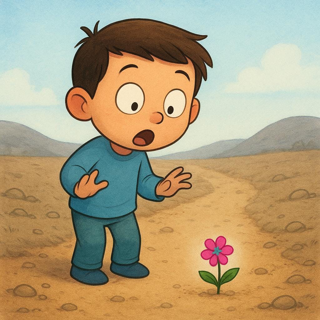 Een personage met extreem wijd opengesperde ogen en een open mond toont intense verbazing terwijl hij naar een klein, felgekleurd object kijkt.