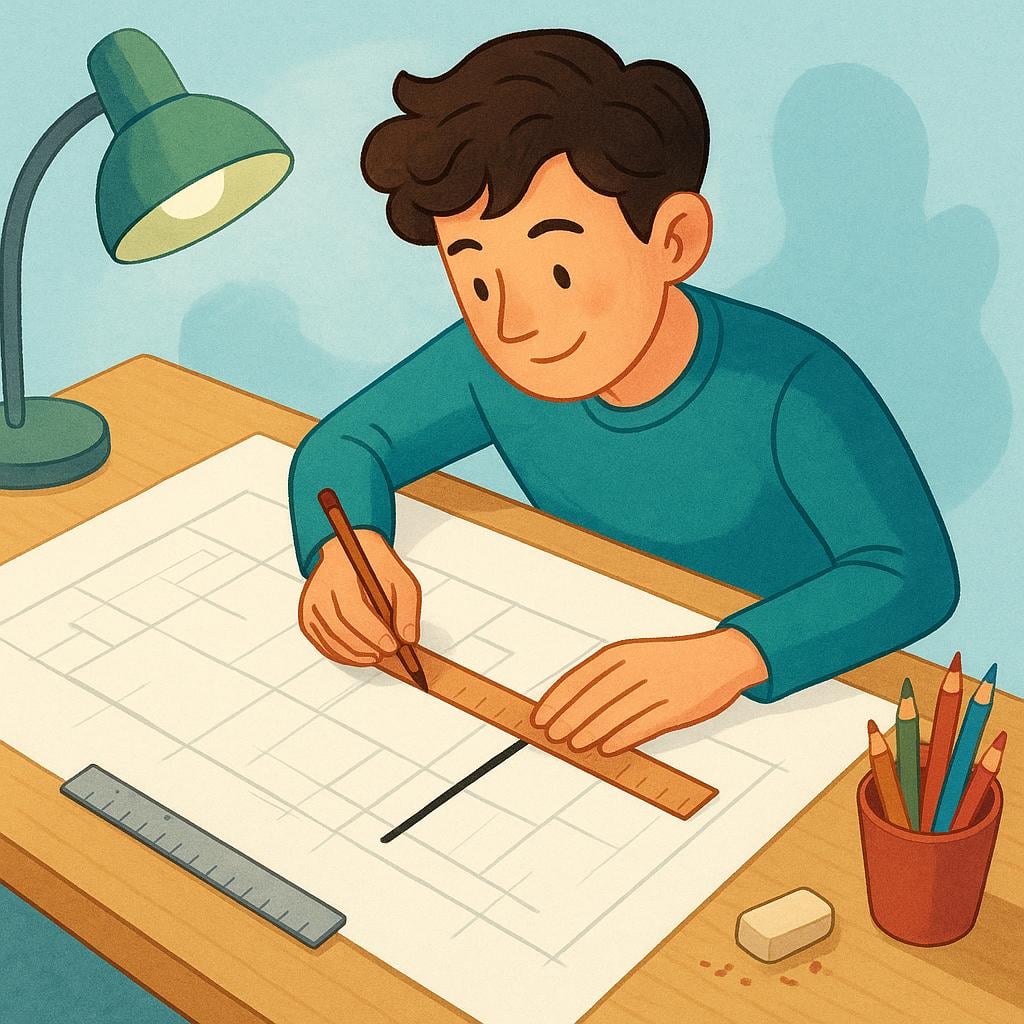 A person using a pencil and ruler to draw new lines over an existing technical sketch on a large piece of paper, revising the plan.