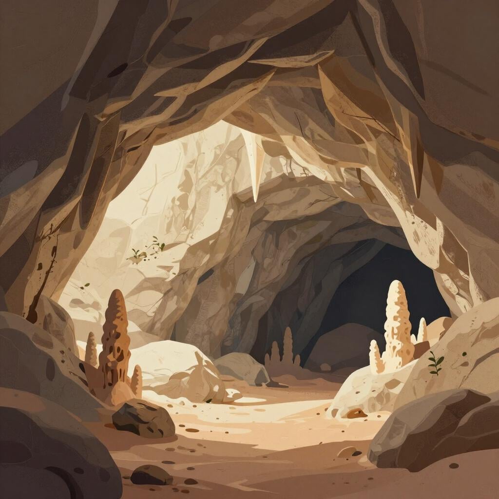 A large, dark natural stone cave opening with stalactites hanging from the ceiling and stalagmites on the floor.