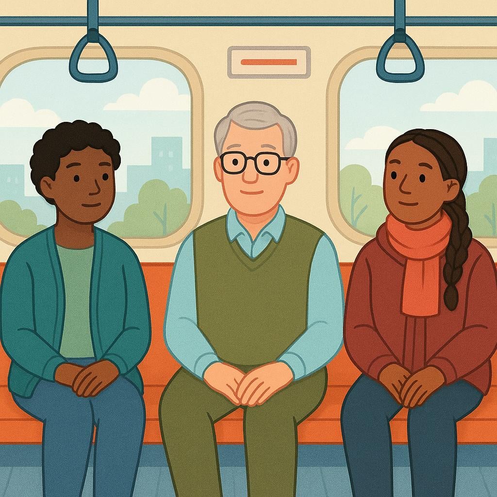 Three diverse people sitting side-by-side on a bench inside a brightly lit train carriage, looking forward, illustrating travelers.