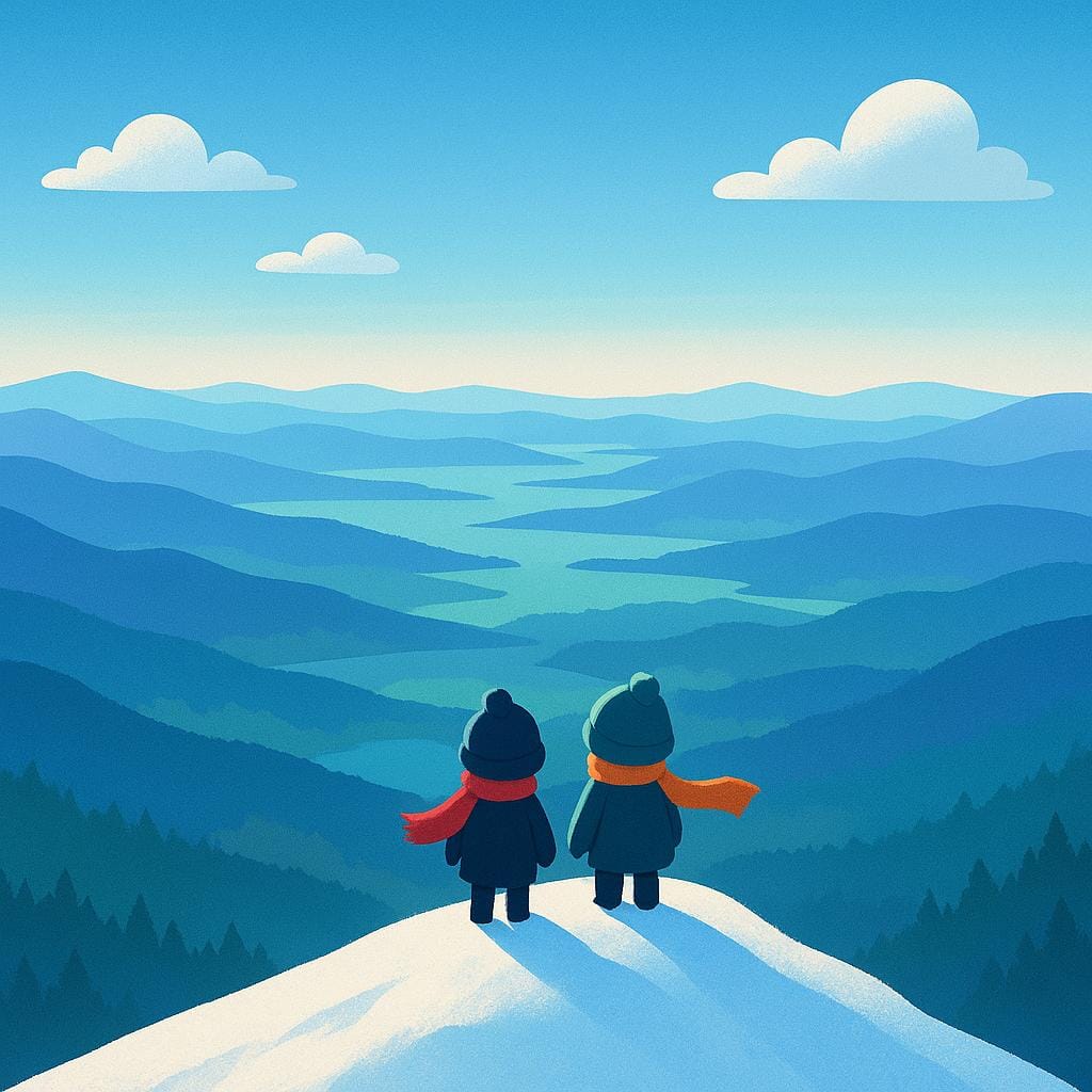 Due piccole figure in piedi insieme sulla vetta innevata di una montagna massiccia e colorata, che osservano il vasto paesaggio sottostante.