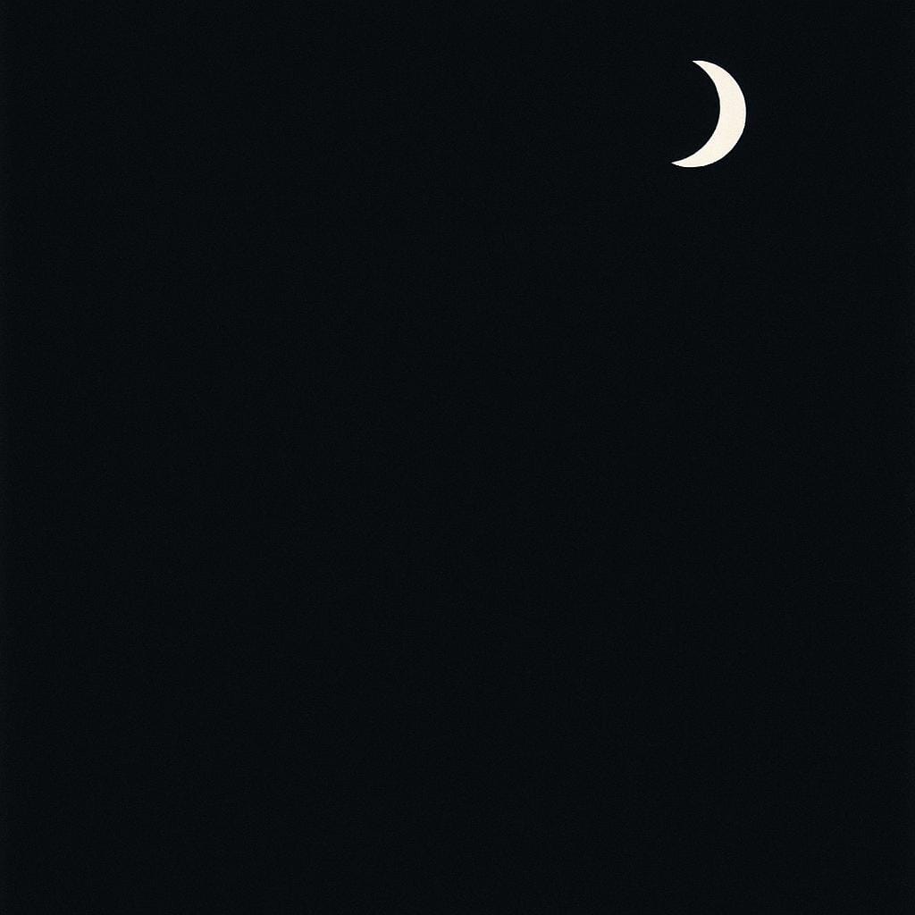 A minimalist depiction of a night sky that is almost entirely deep black, featuring only a small white crescent moon.