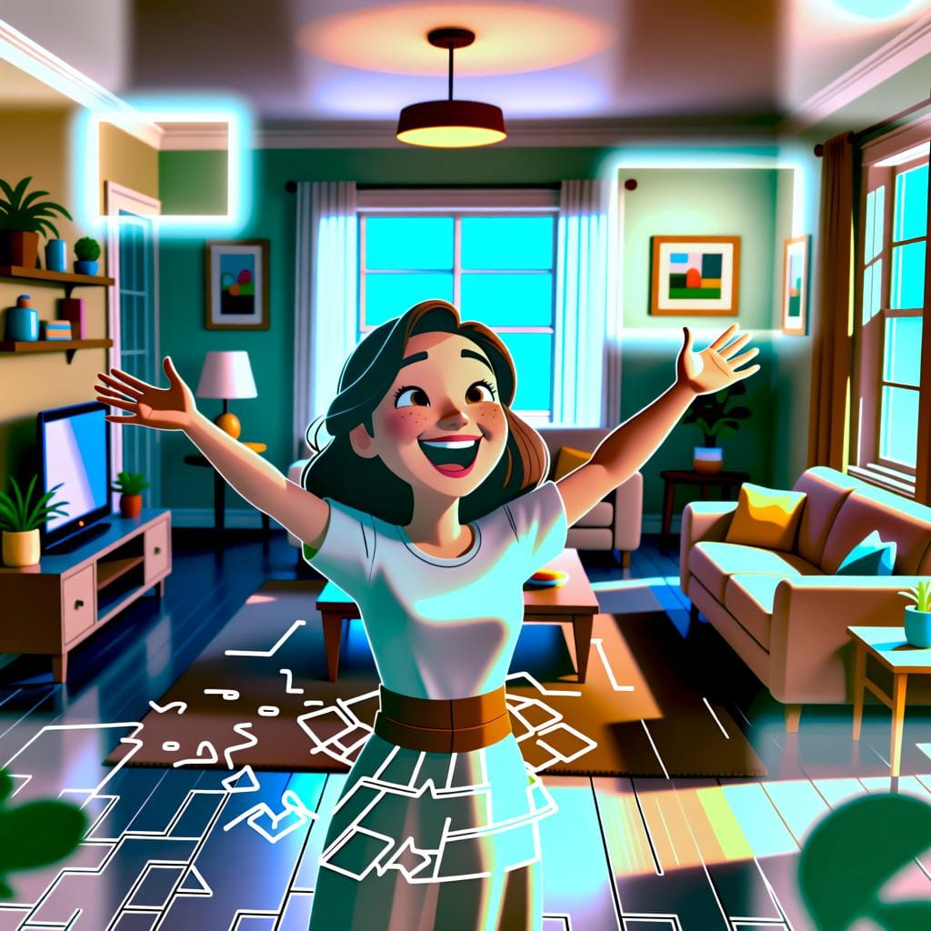 A woman stands with open arms in a sparkling clean living room, gesturing to the entire space to show that the whole room is tidy.