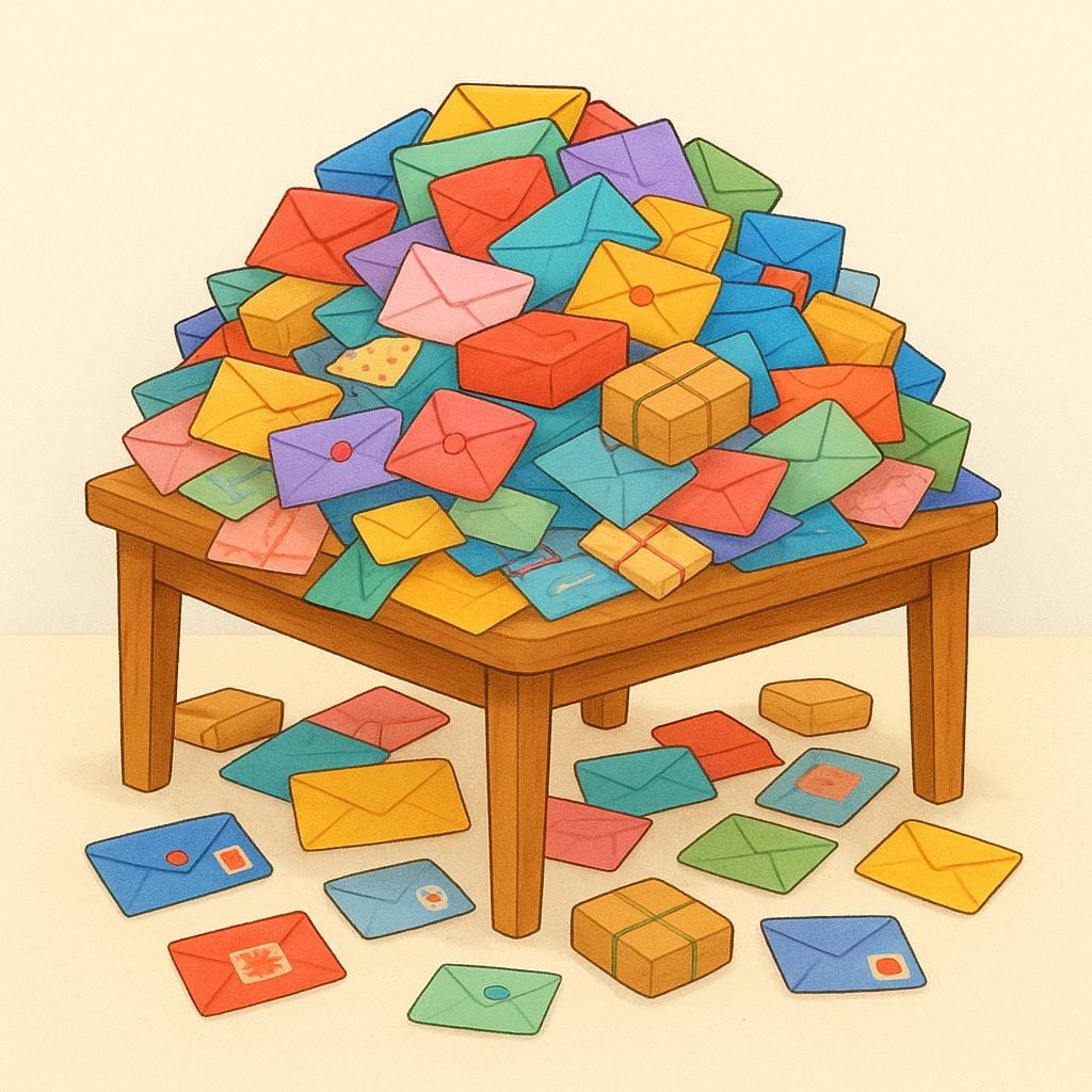 Une table en bois débordant d'une pile d'enveloppes et de colis colorés.