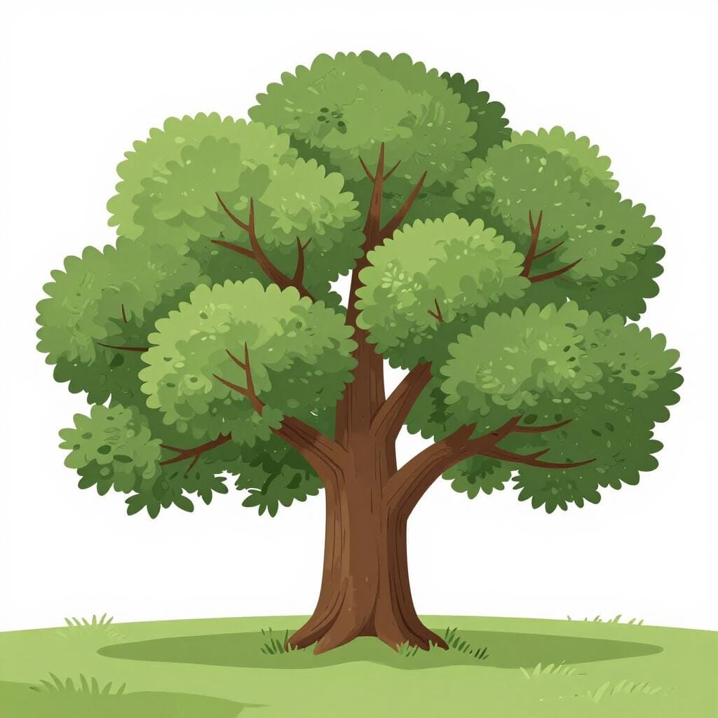 Un grand chêne robuste avec un tronc épais et un feuillage vert luxuriant dans un champ ensoleillé.