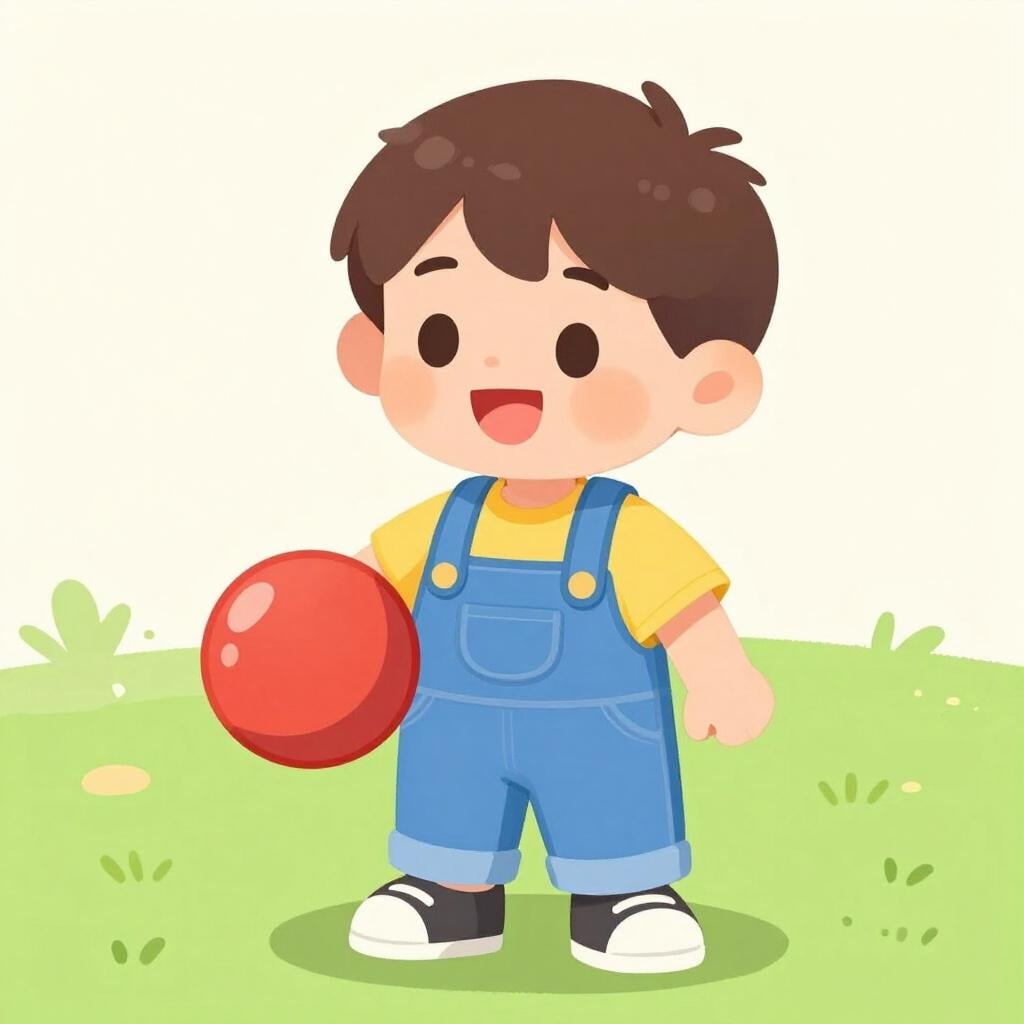 A small young boy wearing a yellow shirt and blue overalls, smiling and holding a red ball.