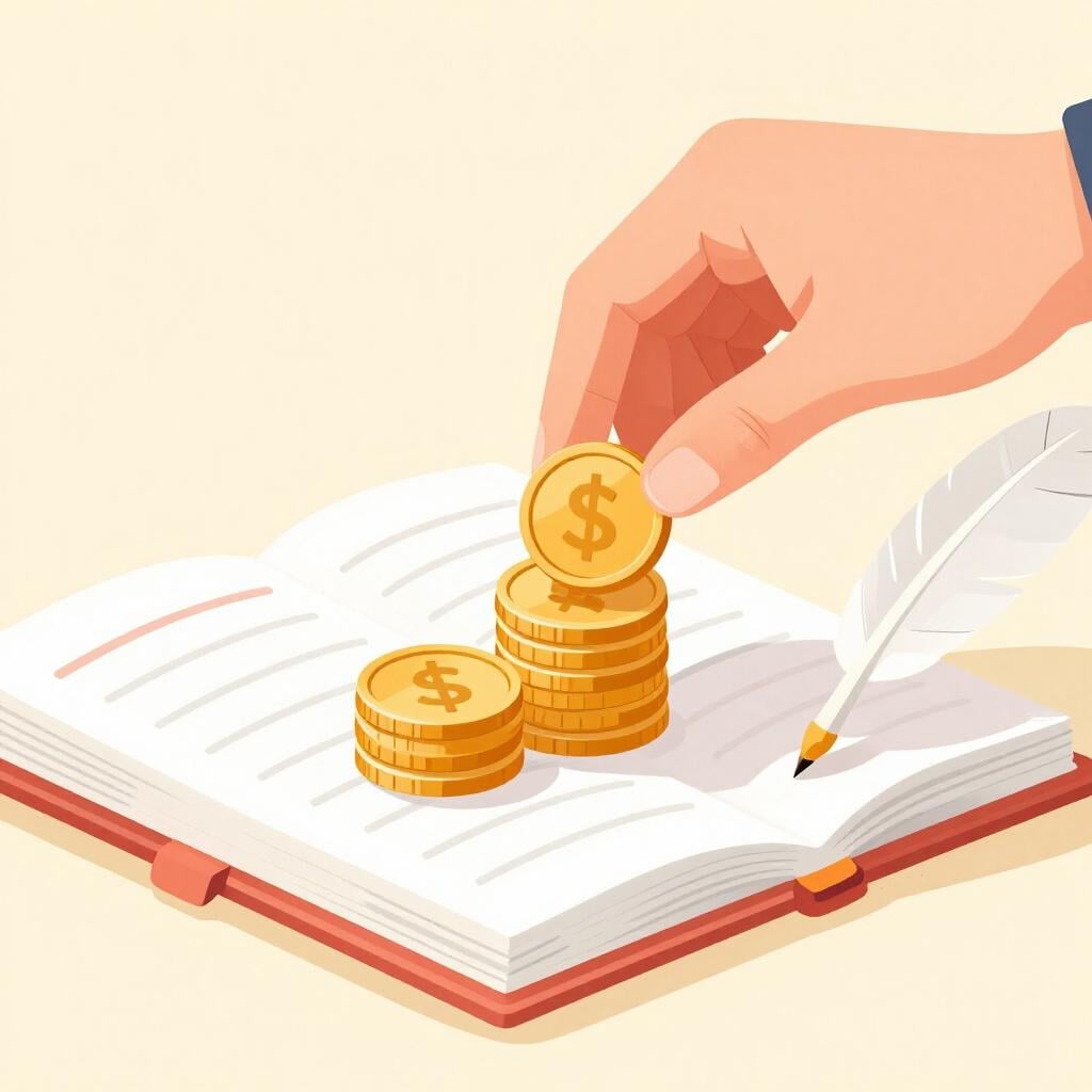 Une main plaçant une pièce d'or sur une pile de pièces dans un livre de comptes.