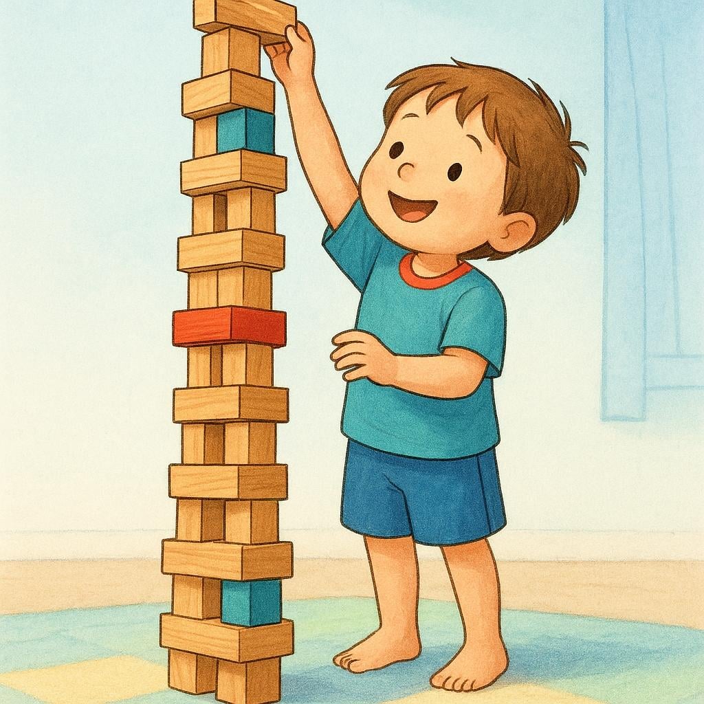 A happy child expertly balancing the final block on top of an extremely tall, stable tower constructed from simple multicolored wooden blocks.