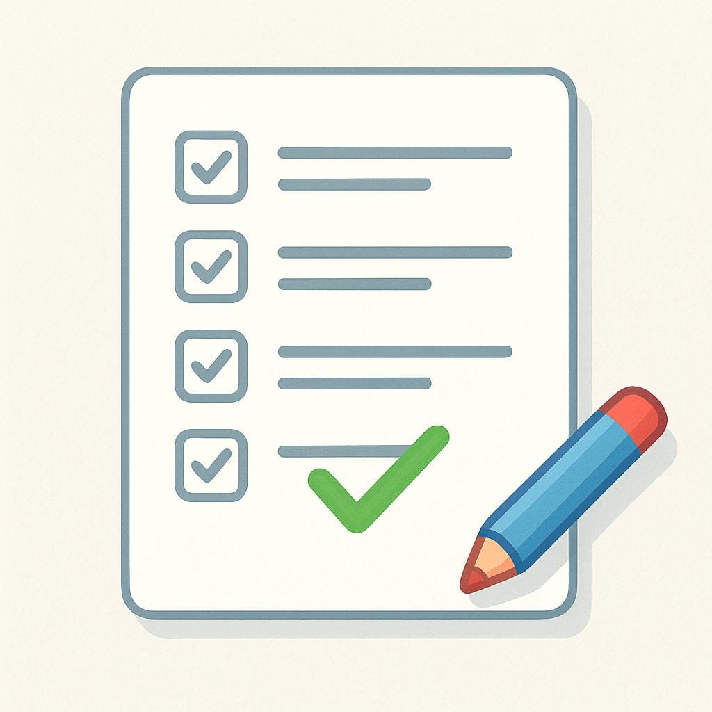A simple drawing of a piece of paper with a list of tasks, where the final box next to the last task is filled with a large checkmark, symbolizing completion.