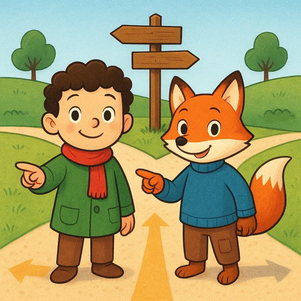 Two friendly storybook characters standing side-by-side at a clearly marked path junction, both pointing their fingers decisively down the central, forward path.