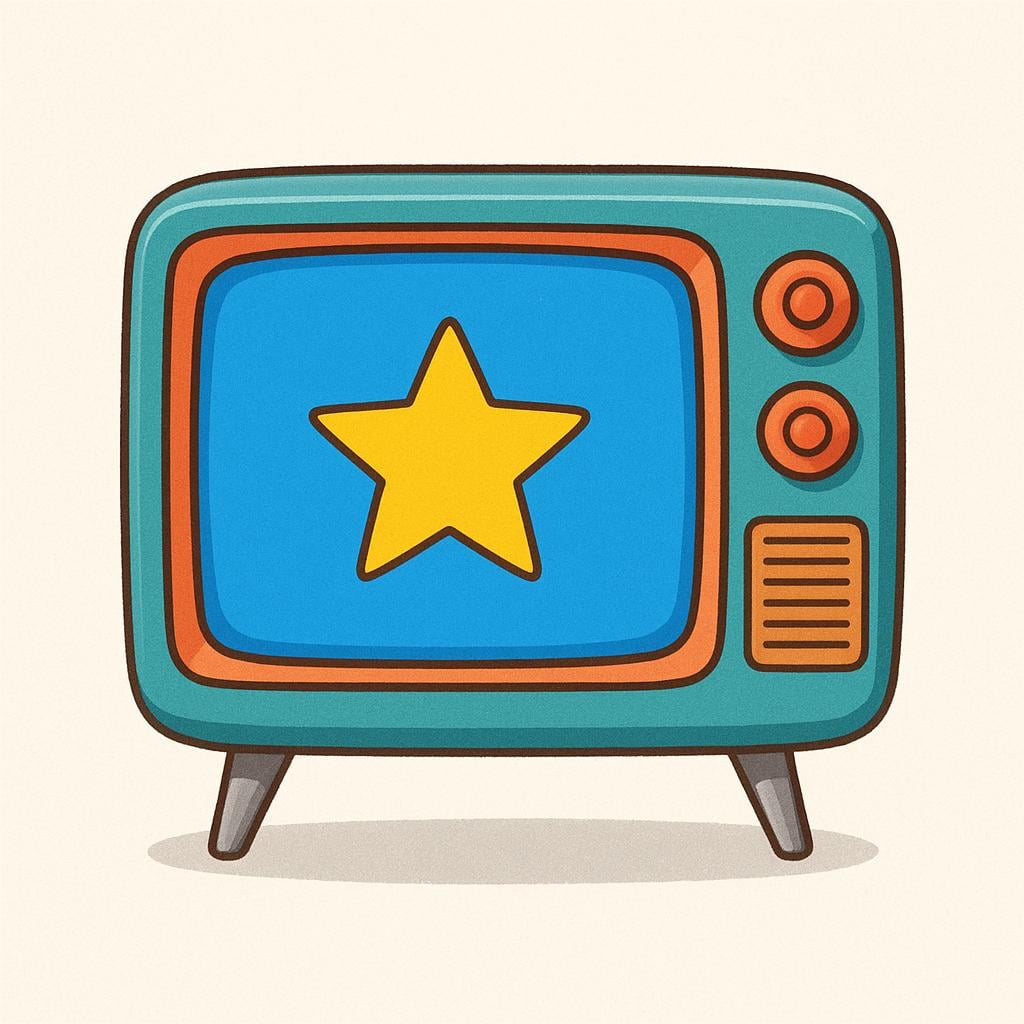 A simple, colorful, retro-style television set sitting on a surface. The screen displays a bright, simple picture, like a yellow star.