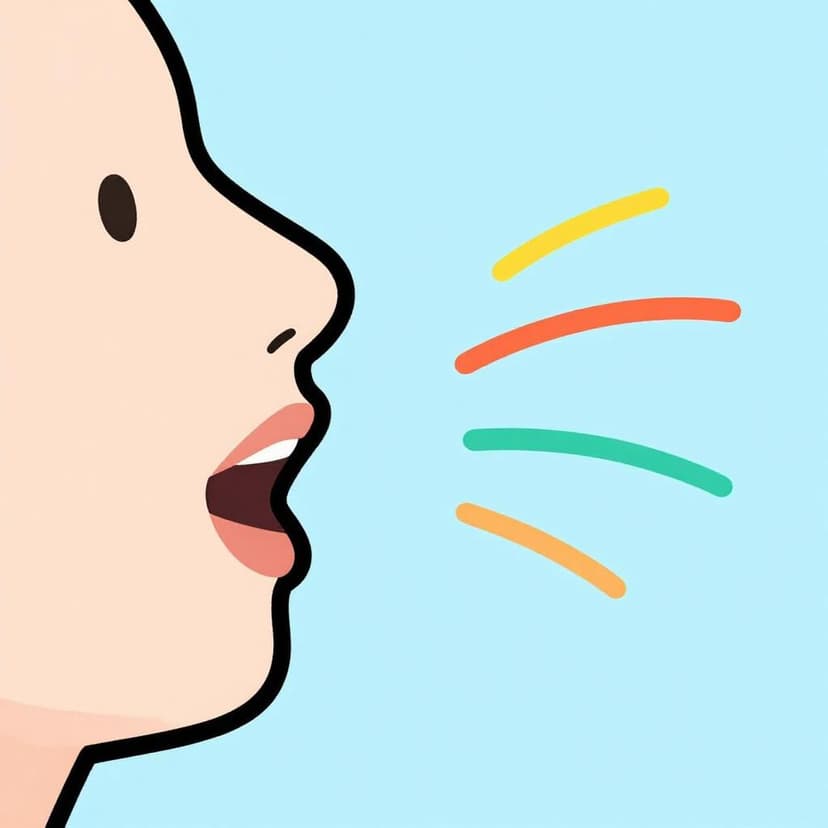 A close-up of a person's mouth clearly forming a sound with sound waves emanating from it.