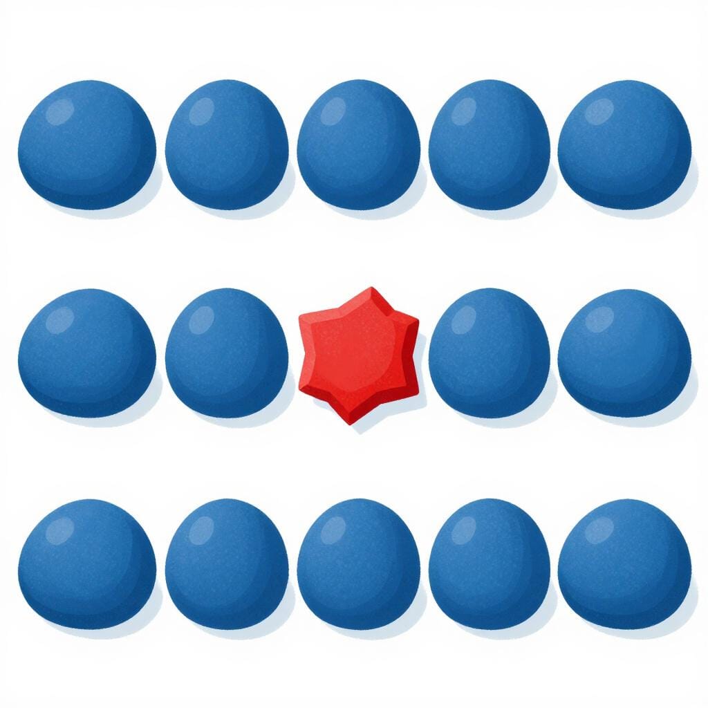 A row of identical smooth round blue stones with one jagged, mismatched red square stone in the middle.