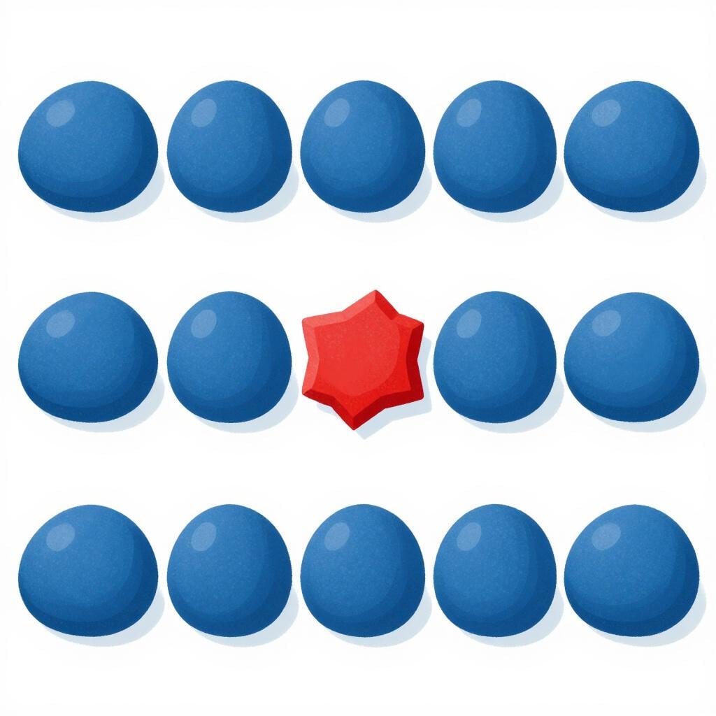 A row of identical smooth round blue stones with one jagged, mismatched red square stone in the middle.