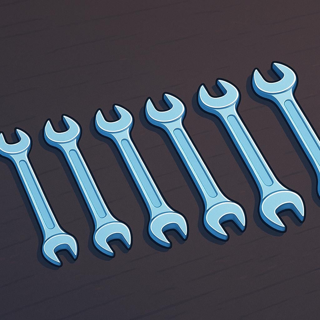 Six silver metal wrenches, arranged by size in a straight line on a dark surface, representing a tool set.