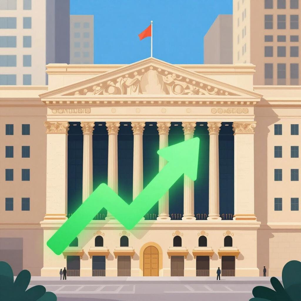 A large building representing a financial stock exchange with a colorful line graph trending upwards on a screen.