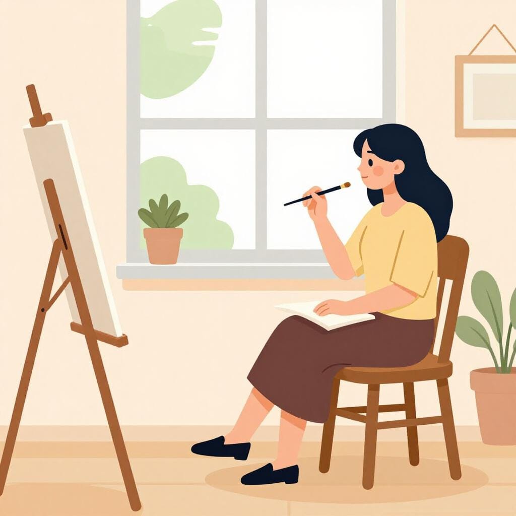 A painter looking thoughtfully at a woman sitting near a window, with a canvas and brush in hand.