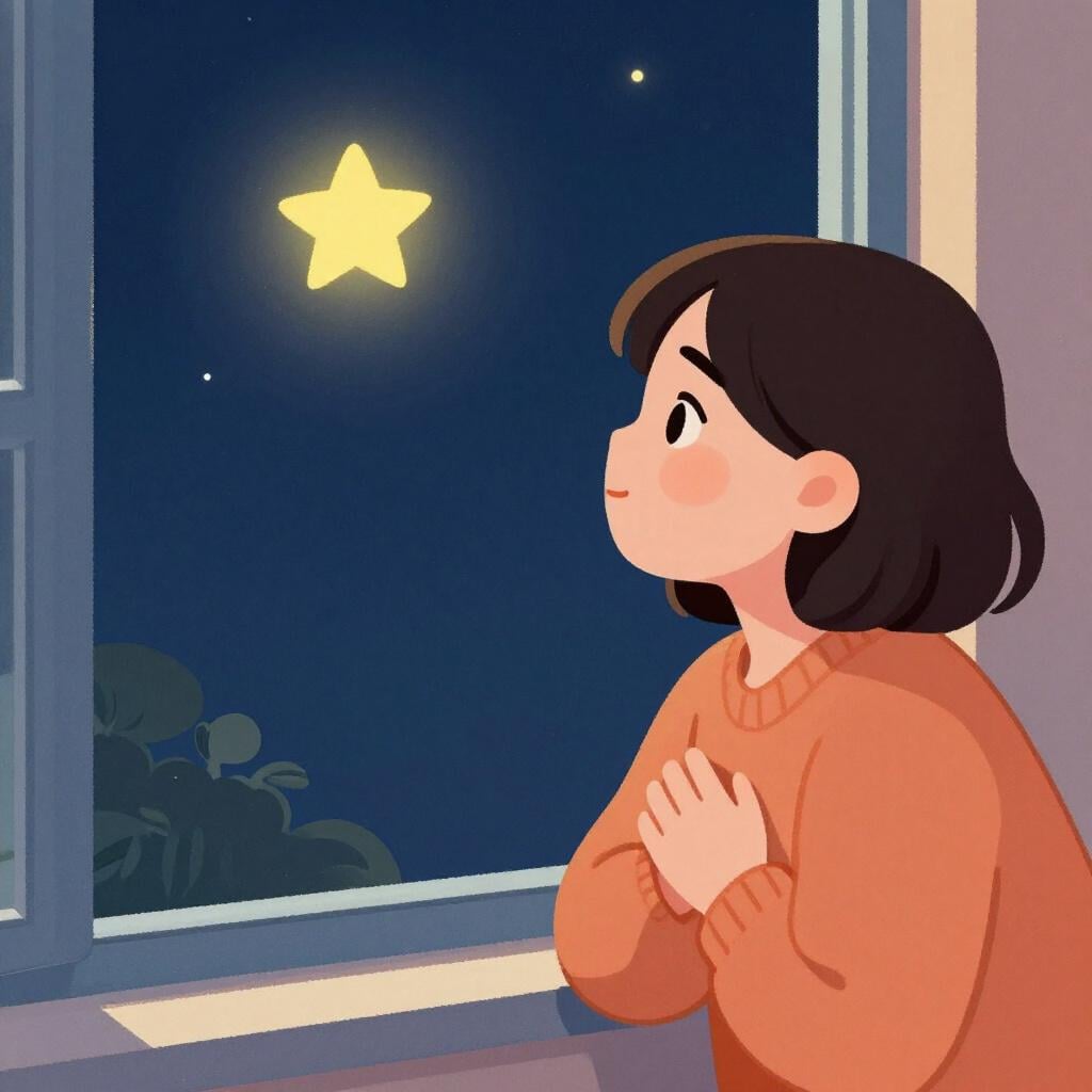 A person looking out of a window toward a distant star with a hand over their heart, looking hopeful and longing.