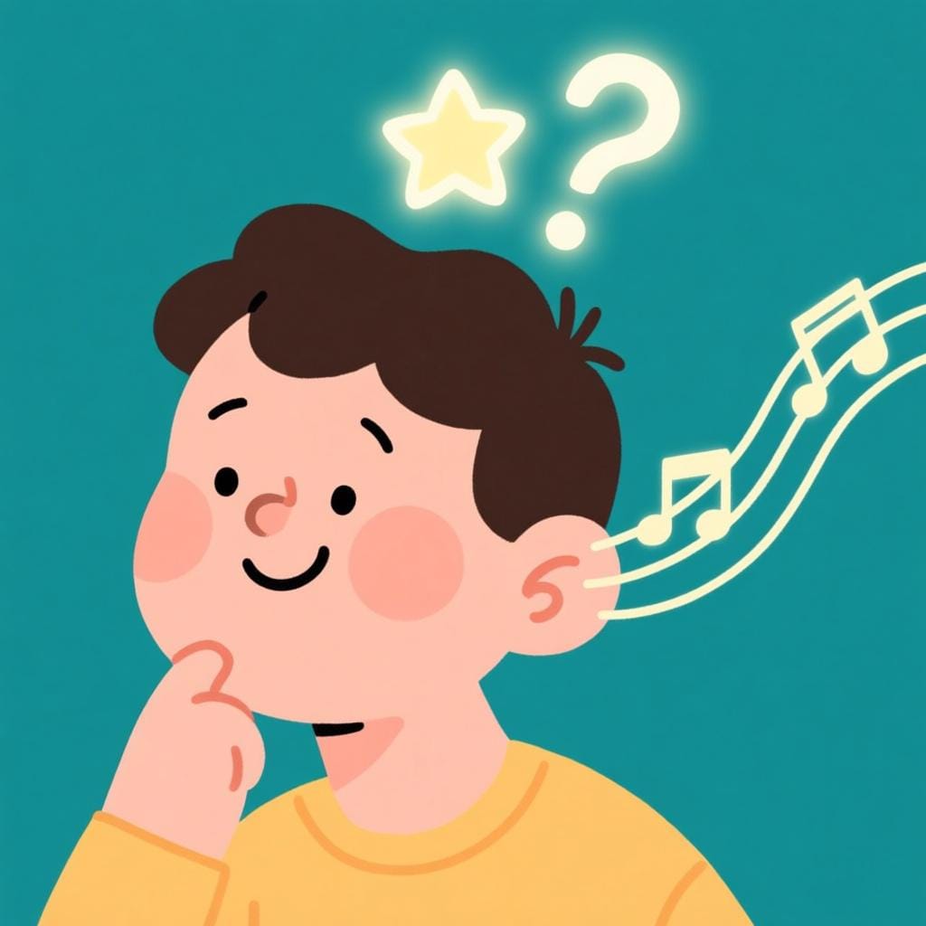 思慮深い表情をした陽気な人物。音符の波線が横から耳に向かって進み、頭上に小さな光る星が現れ、認識を示している。