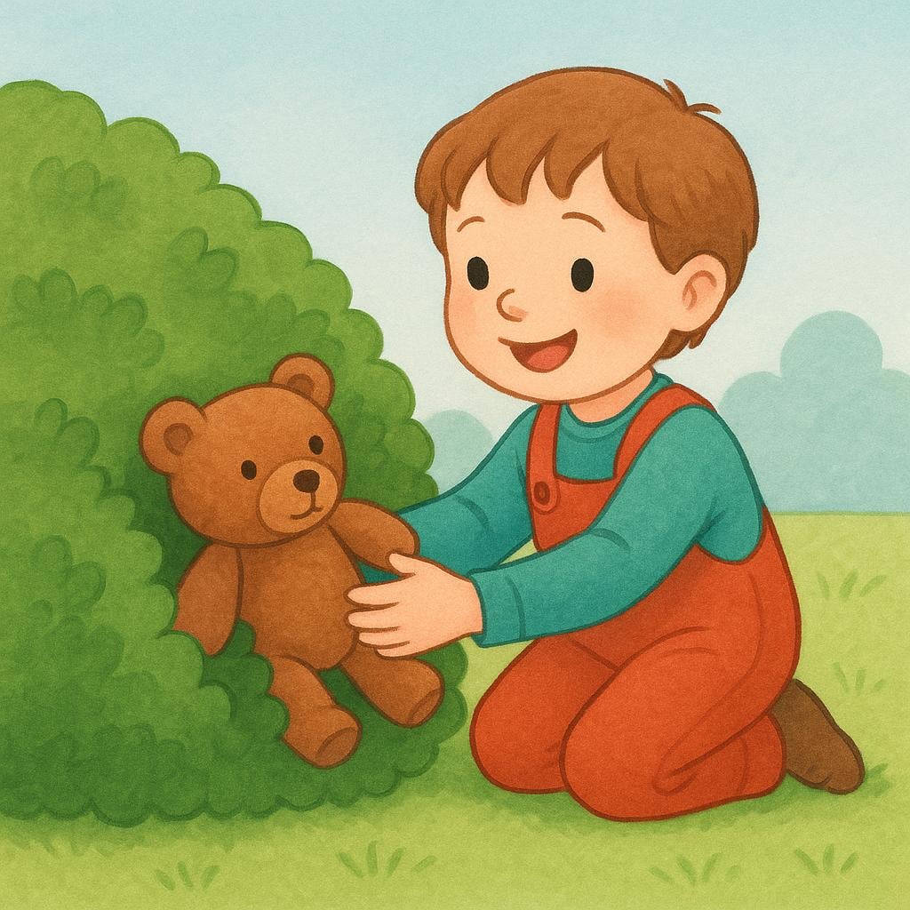 A joyful child kneeling down, reaching under a green bush to retrieve a brown teddy bear that was lost.