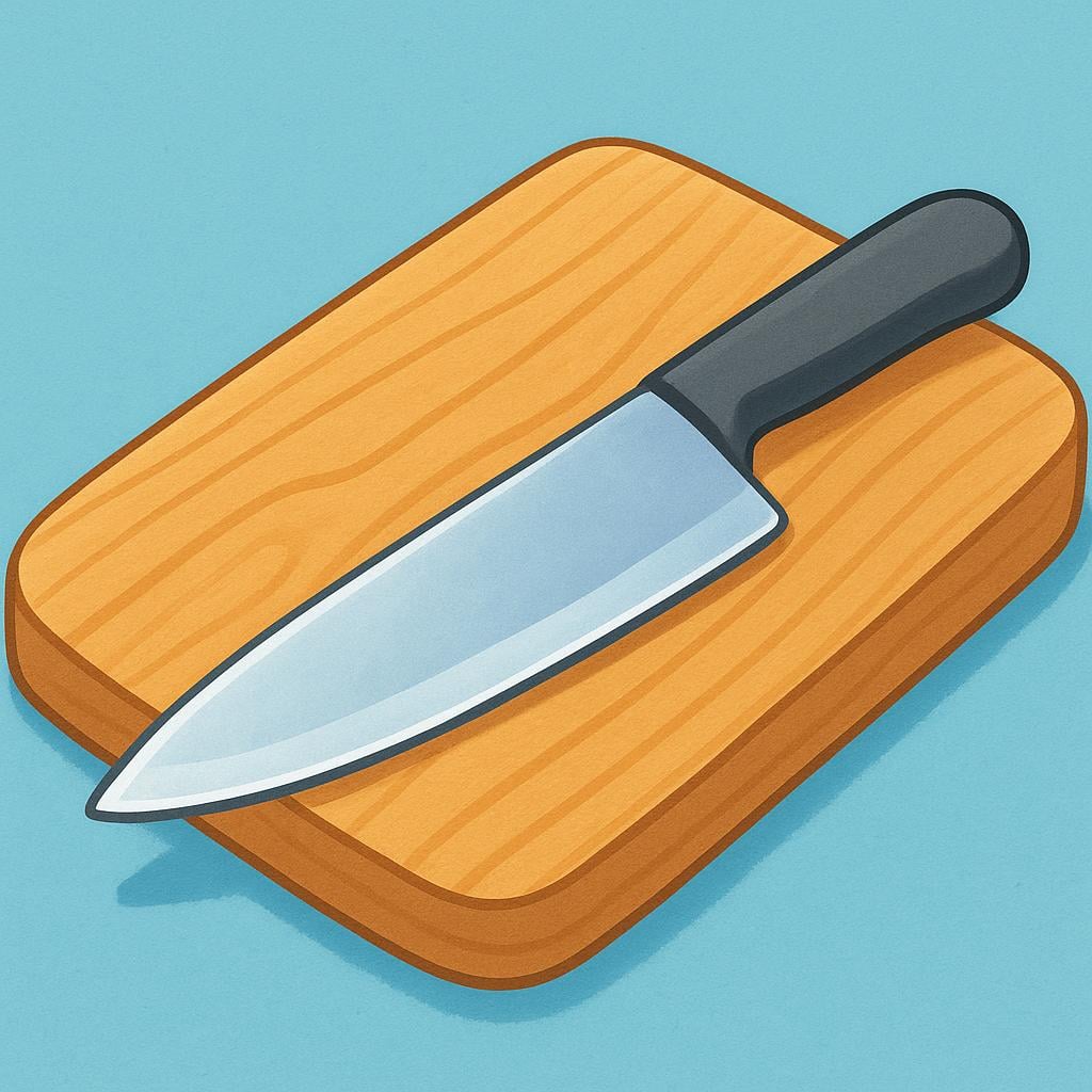 The sharp, silver metallic blade of a simple kitchen knife resting on a wooden surface.