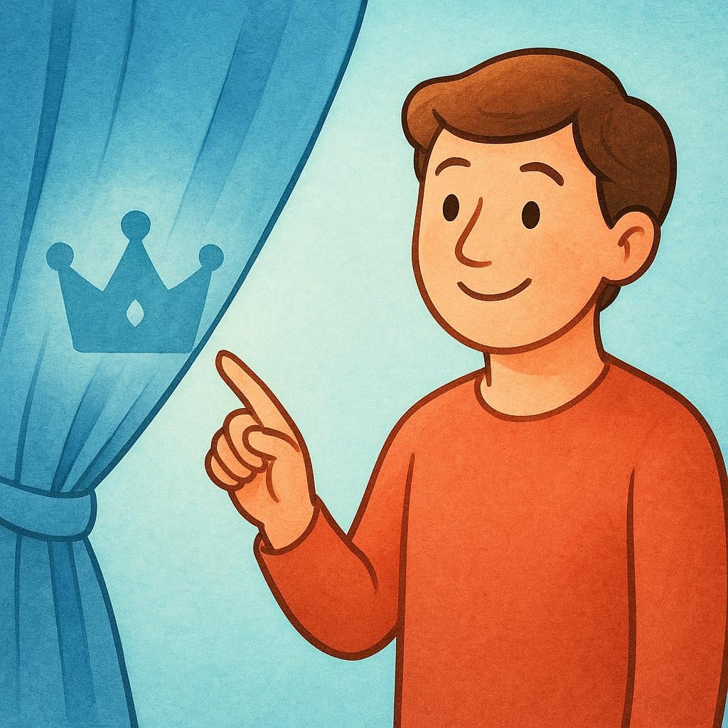 A stylized figure speaking and subtly pointing their index finger towards the shape of a simple crown visible behind a partially drawn curtain, illustrating an allusion or mention.