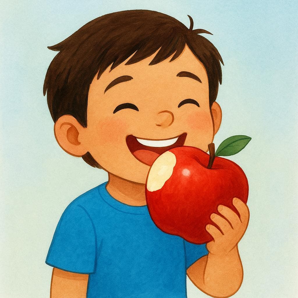 A high quality storybook illustration of a child happily taking a large bite out of a bright red apple.