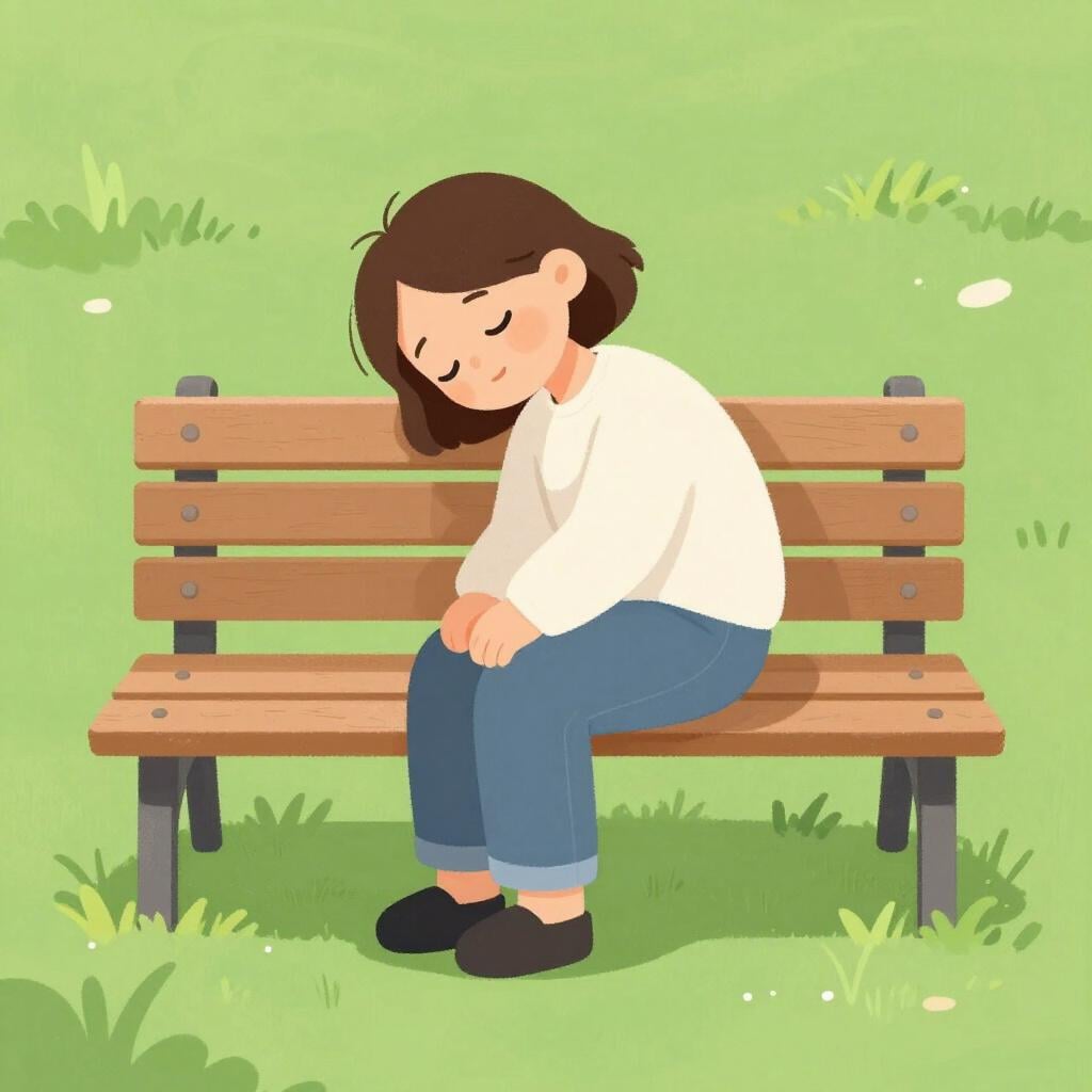 A person sitting on a park bench with their eyes closed and their body slumped over softly.