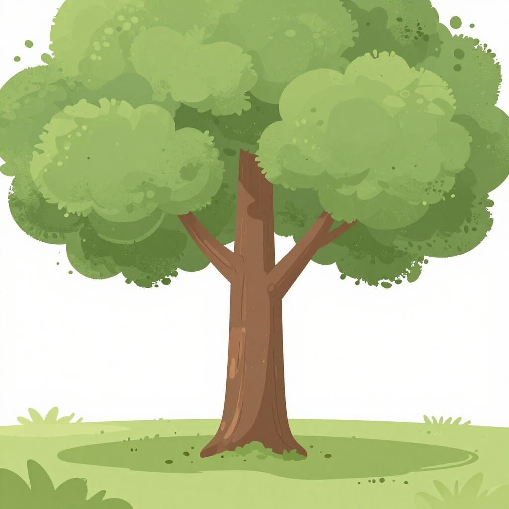 Uma grande árvore decídua com um tronco grosso e folhas verdes largas que fornecem sombra.