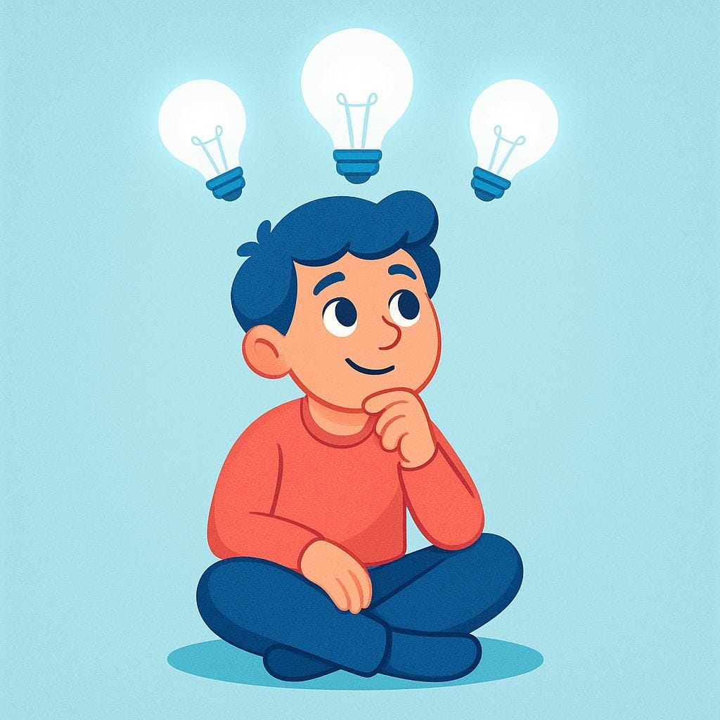 A brightly colored illustration showing a thoughtful person sitting down, surrounded by multiple glowing lightbulbs floating above their head, symbolizing many new ideas.