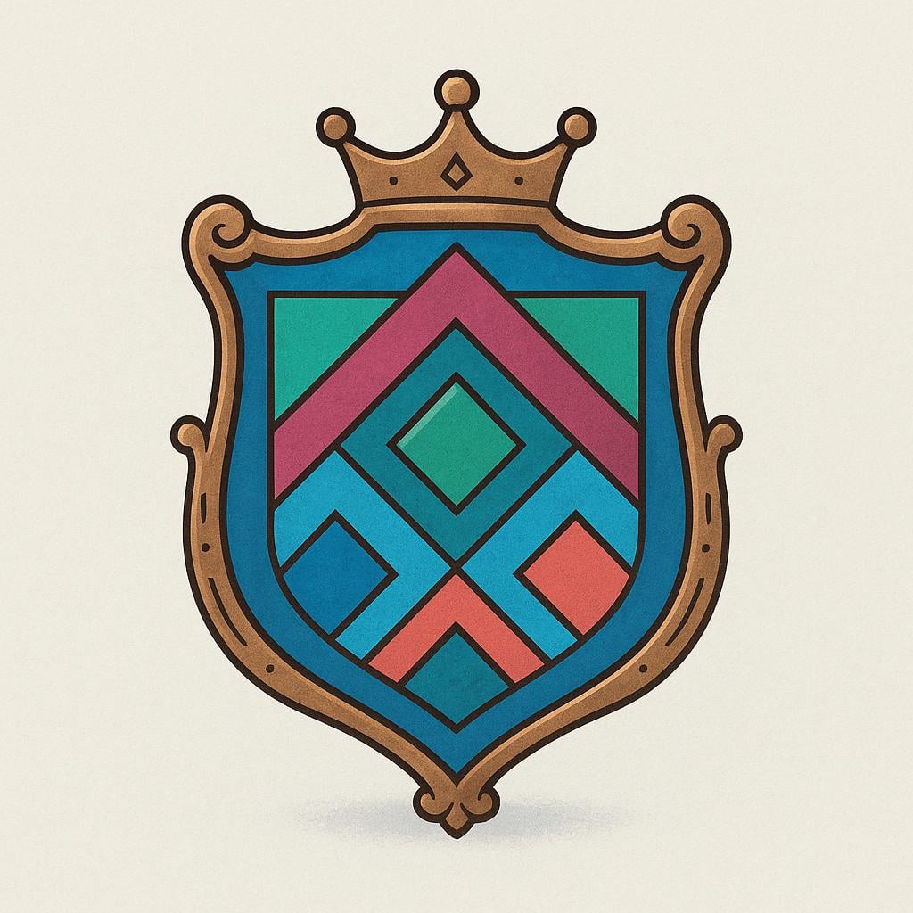 A decorative, stylized heraldic shield displaying a simple, colorful design, representing a coat of arms.